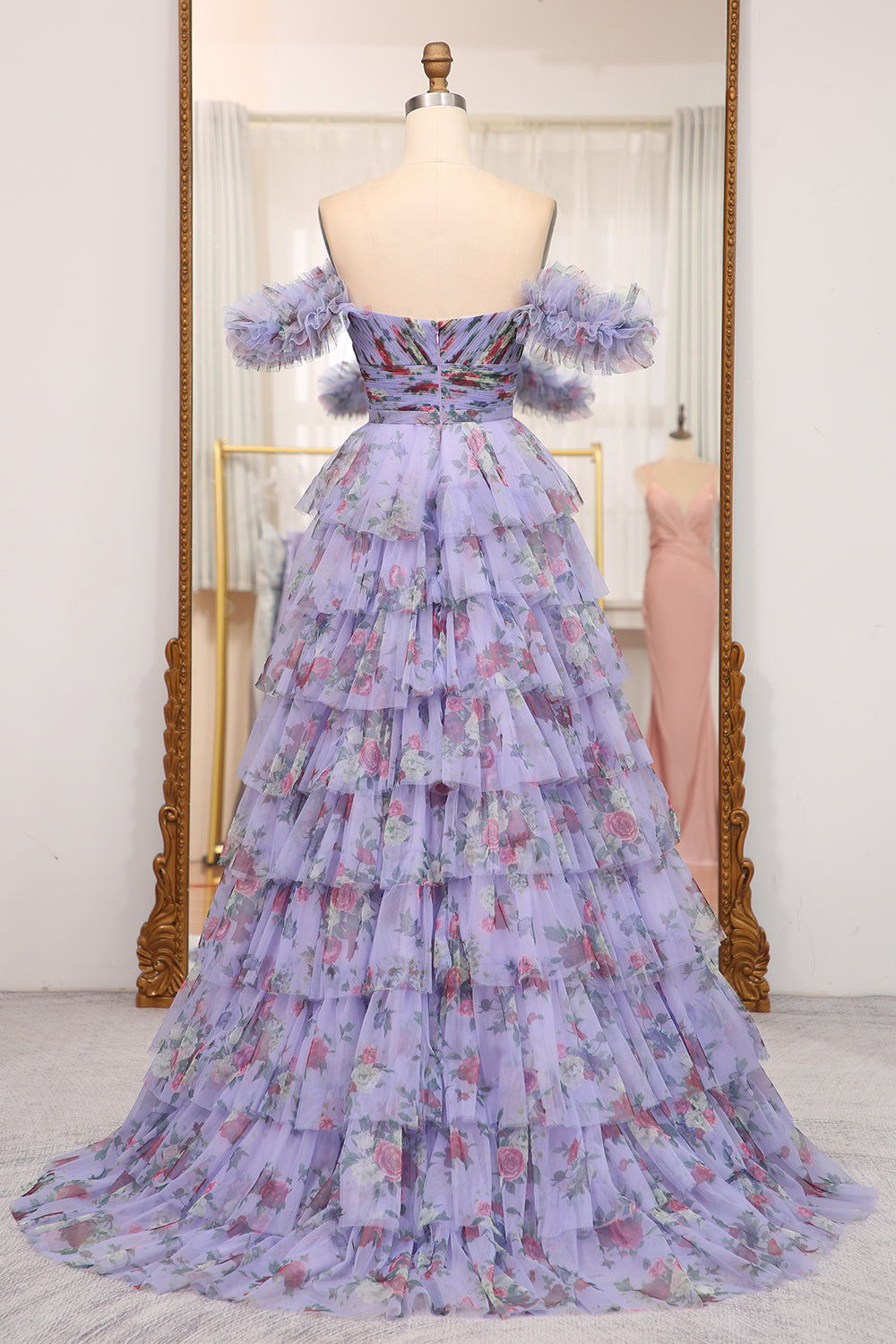 Charming A Line Off the Shoulder Blue Printed Long Prom Dress with Ruffles