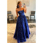 Strapless Sequins Appliques A-line Long Prom Dress with Pockets