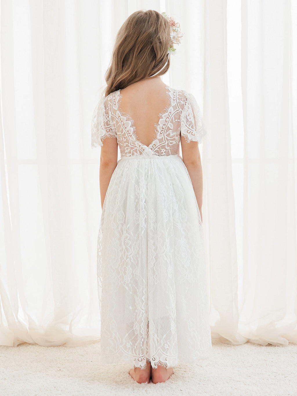 A-line Lace Ankle-length Ivory Boho Flower Girl Dress