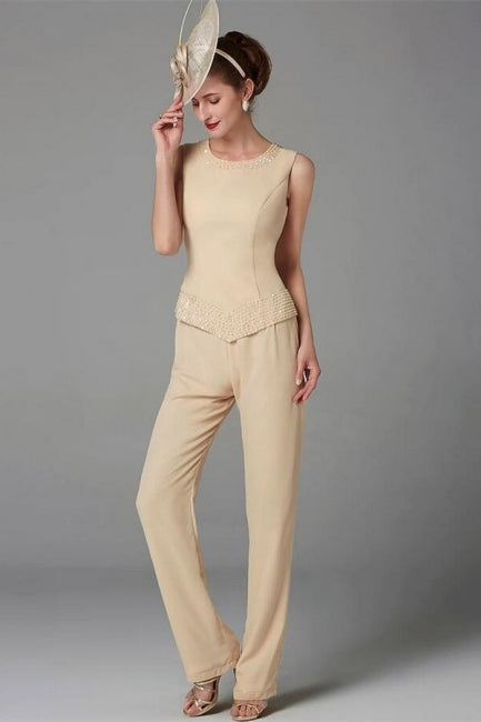 Elegant Champagne Mother Of The Bride Dresses Chiffon Bridesmaid Jumpsuit
