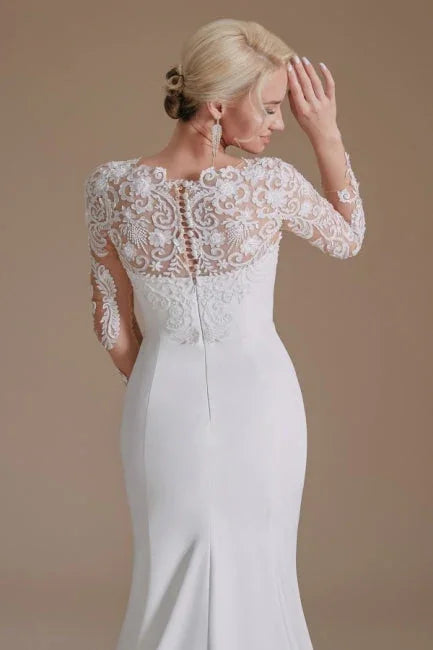 Elegant Jewel Long-Sleeve Mermaid Floor-Length Satin Wedding Dresses with Pattern