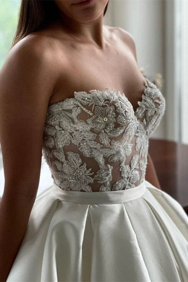 Elegant Long A-line Sweetheart Lace Satin Wedding Dresses
