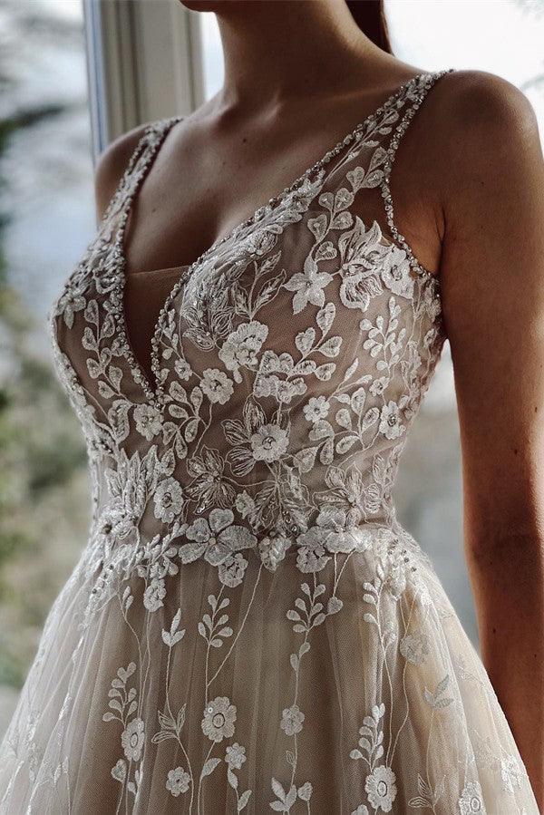 Elegant Long A-line V-neck Backless Tulle Lace Wedding Dresses