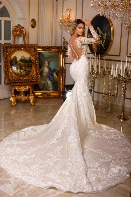 Elegant Long Mermaid V-neck Lace Wedding Dresses With Long Sleeves