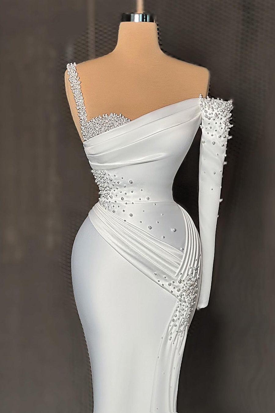 Elegant Long Satin One-Shoulder Mermaid Prom Dress With Beading