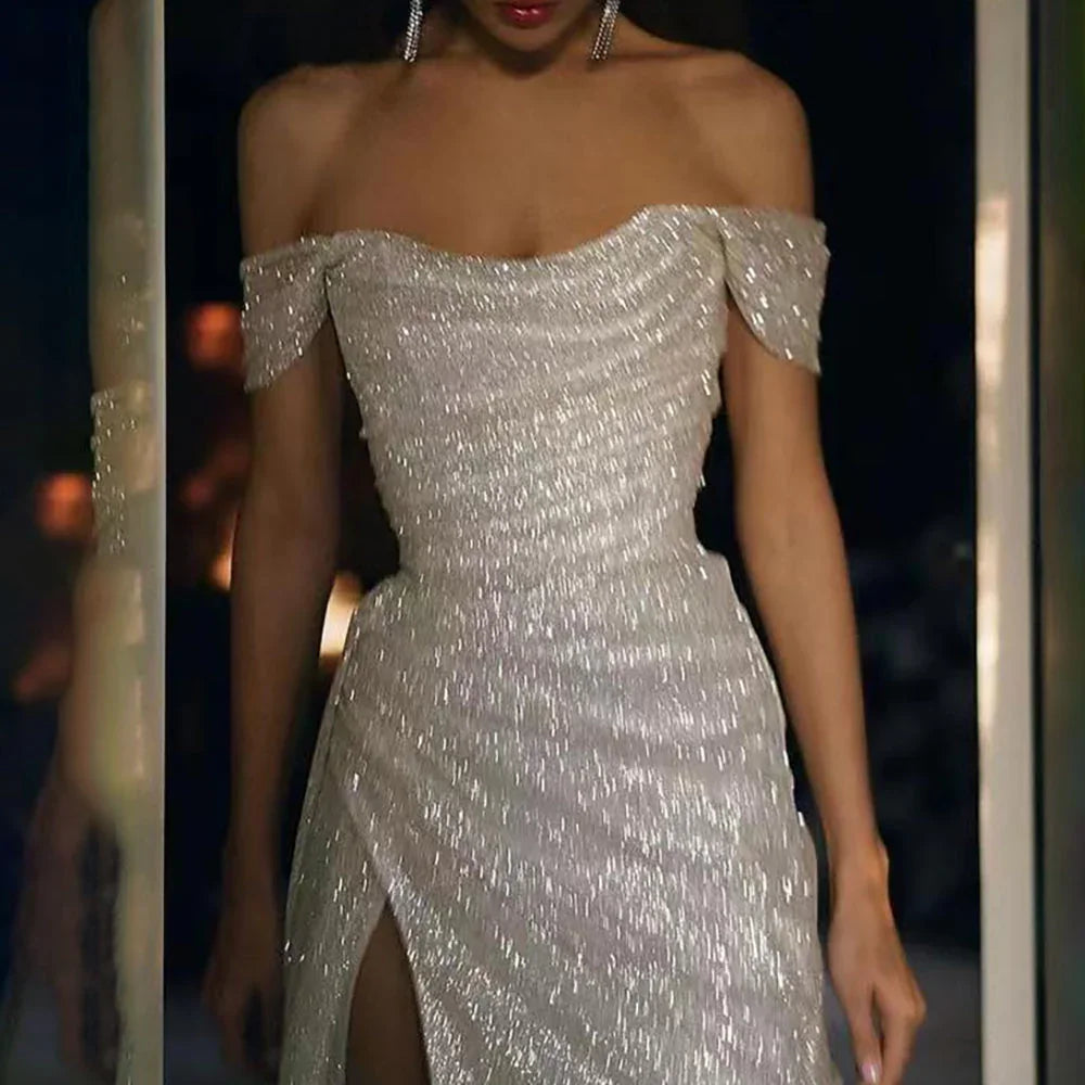 Elegant Off-the-shoulder Sleeveless A-line Sequined Wedding Dress With Slit