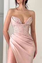 Elegant Peach V-neck Mermaid Evening Dresses Long Simple Prom Dresses With Slit