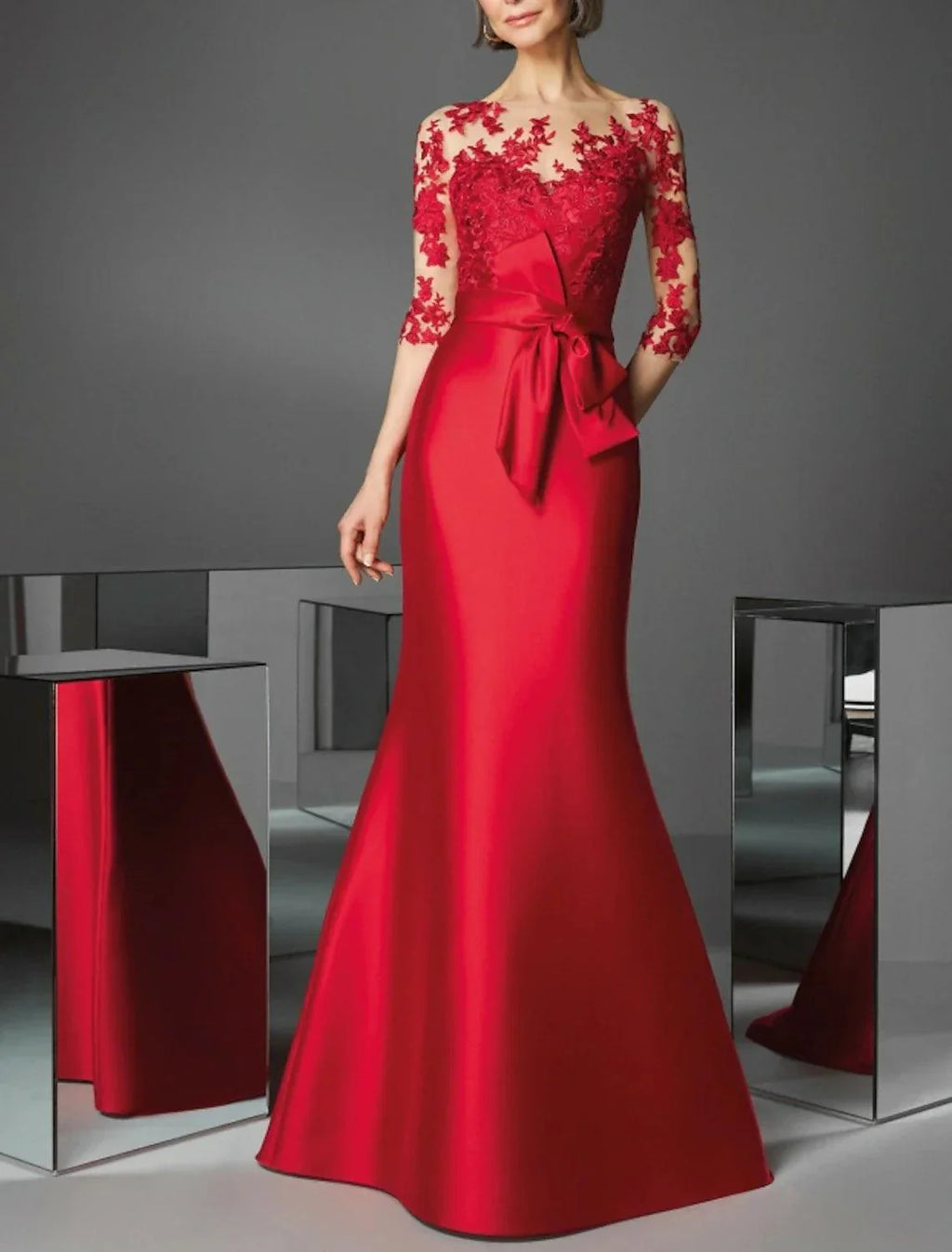 Mermaid Evening Gown Elegant Dress Christmas Red Green Dress Floor Length 3/4 Length Sleeve Illusion Neck Fall Wedding Guest Satin with Appliques