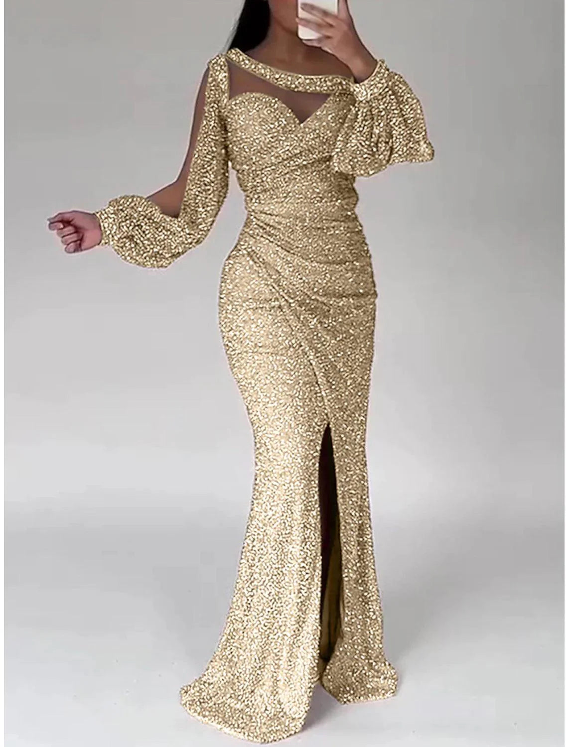 Mermaid Dress Evening Gown Christmas Red Green Dress Formal Sweep / Brush Train Long Sleeve Scoop Neck Sequined with Glitter Ruched Slit