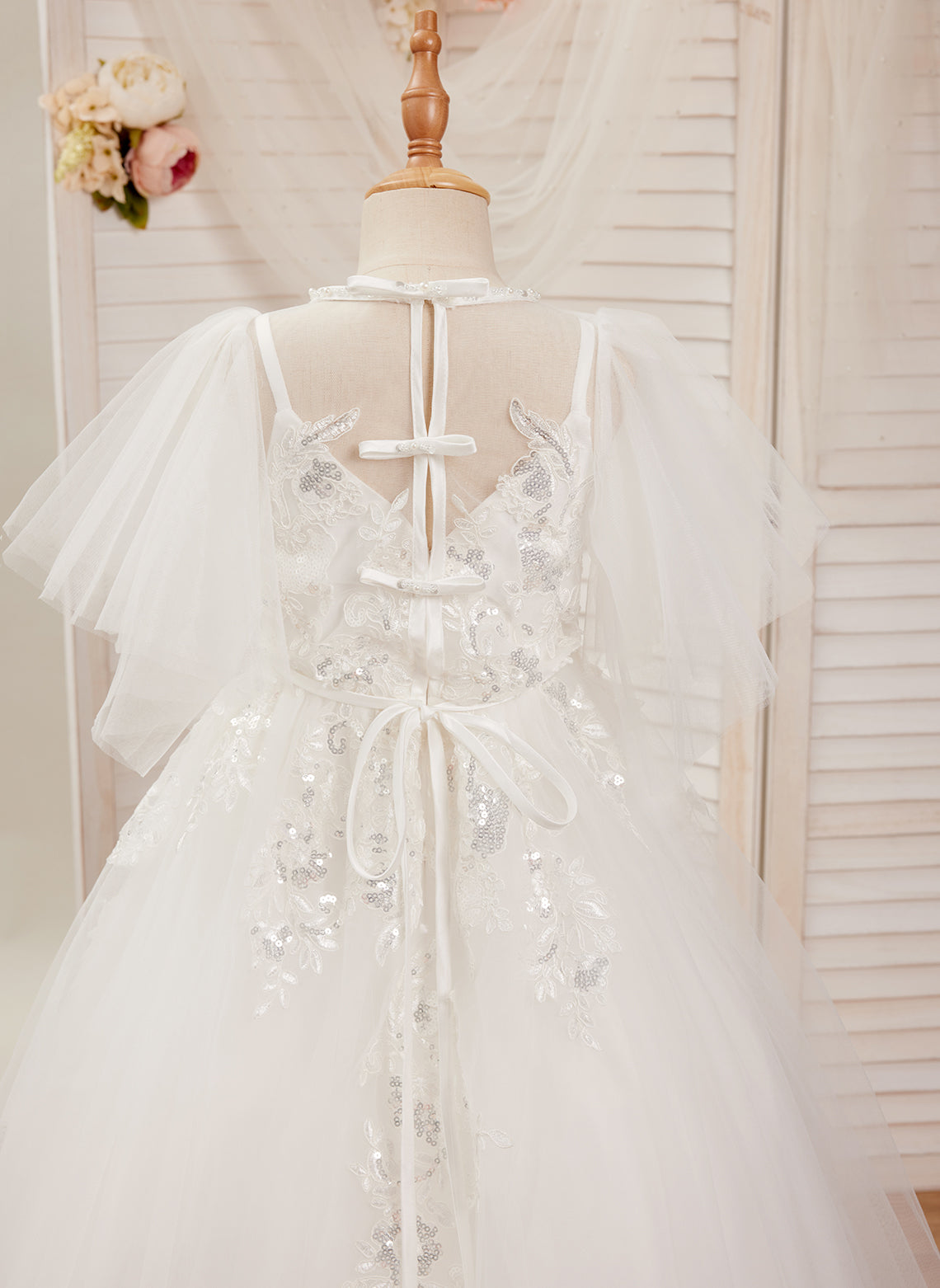 A-line Tulle Sweep Train Ivory First Communion Flower Girl Dress