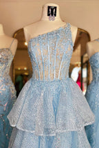 Princess A Line One Shoulder Blue Corset Prom Dress with Ruffles