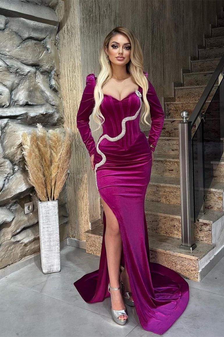 Fabulous Floor Length Sweetheart Long Sleeves Mermaid Satin Prom Dress with Split