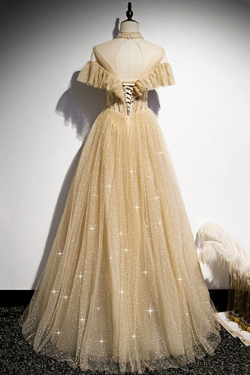Gold A line sequins long ball gown dress formal dress s78