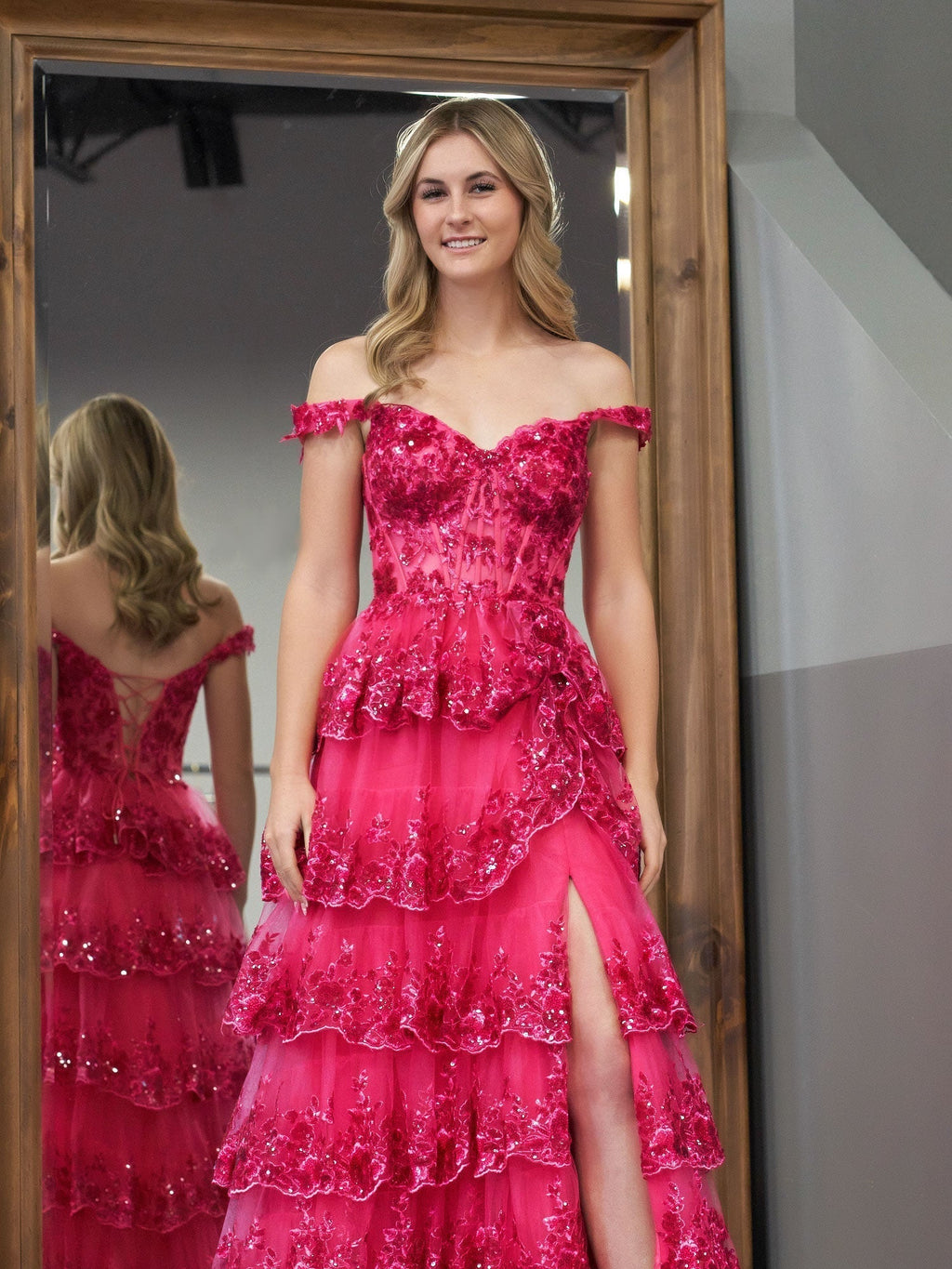 A Line Off the Shoulder Corset Prom Dress with Lace Ruffles