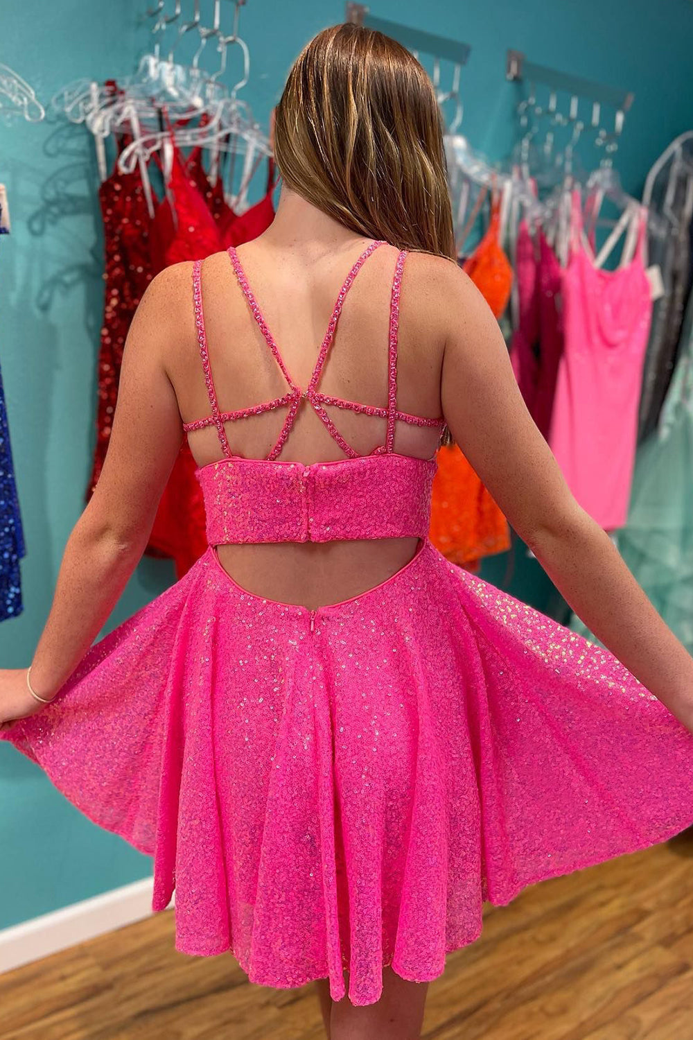 A-Line Double Straps Sequins Homecoming Dress