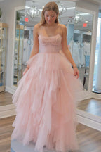Strapless Light Pink Sequin Beaded Ruffle Tulle Prom Dress