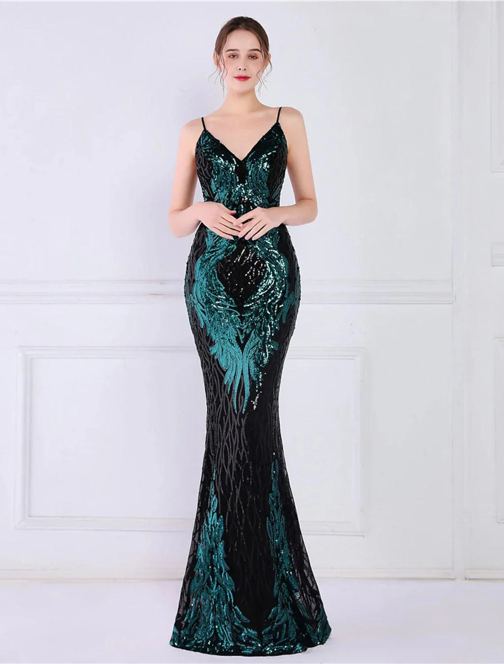 Mermaid / Trumpet Evening Gown Sparkle & Shine Dress Formal Wedding Guest Floor Length Sleeveless Spaghetti Strap Sequined with Sequin