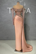Glamorous Long Mermaid Off-the-shoulder Satin Beading Pearls Prom Dress with Long Sleeves