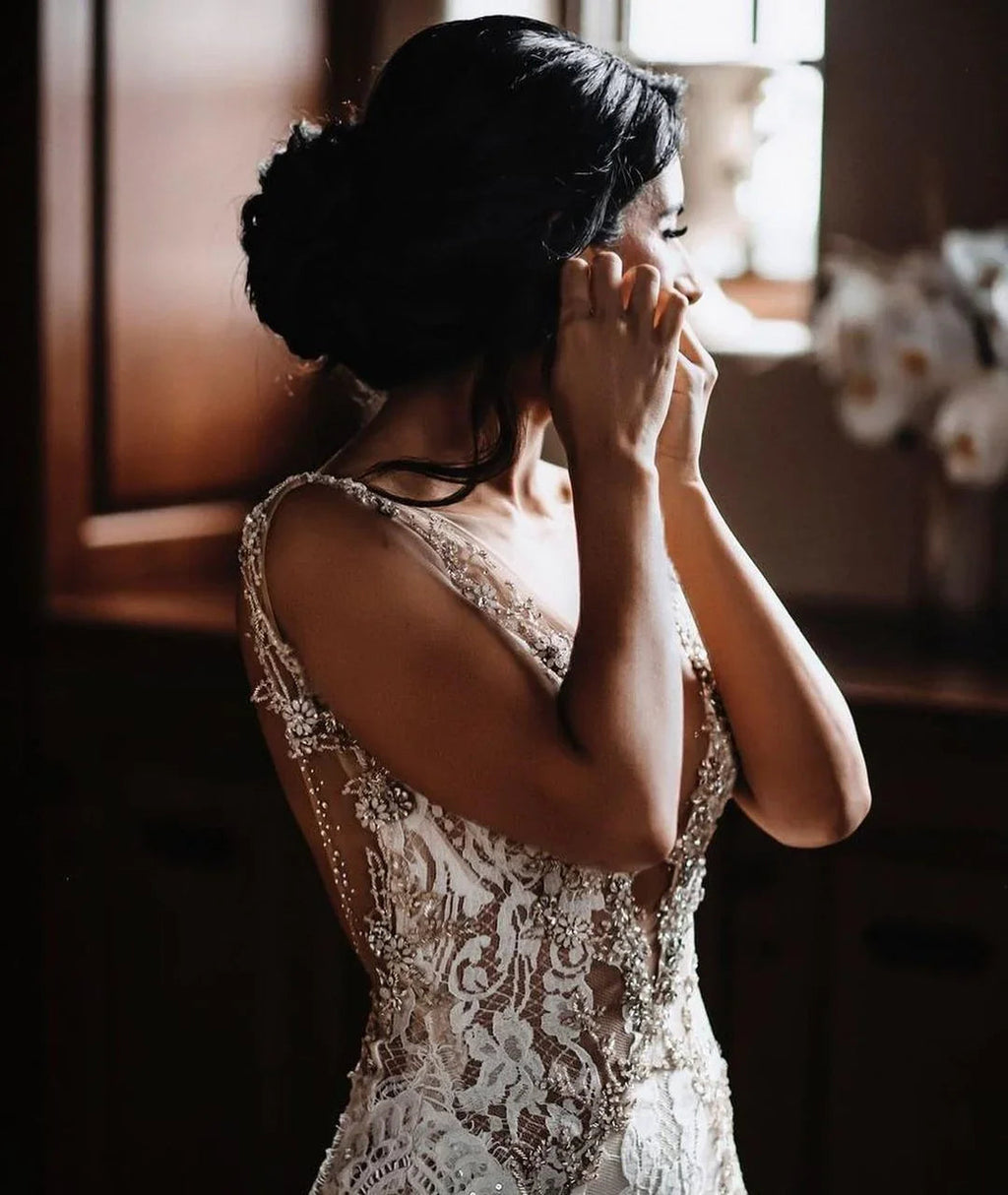 Glamorous Long Mermaid V-neck Wide Straps Appliques Lace Open Back Wedding Dress