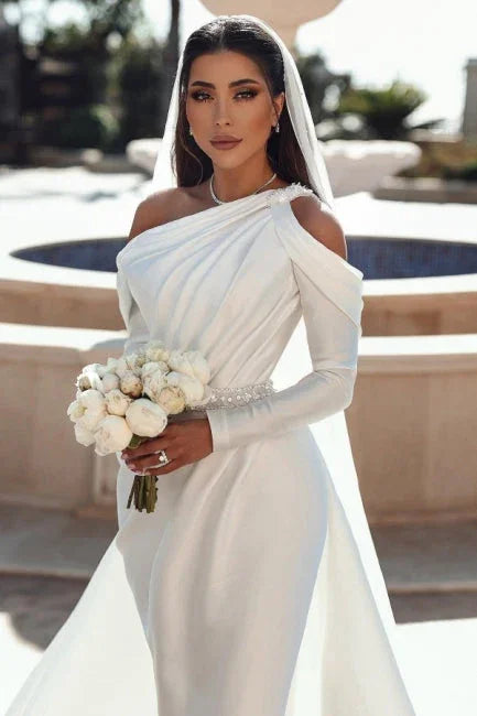 Glamorous one shoulder long sleeves mermaid satin Wedding dress with ruffles