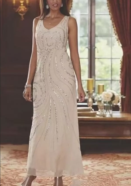 Glamorous V-neck Long sleeves A-line Chiffon Mother dress Sequined