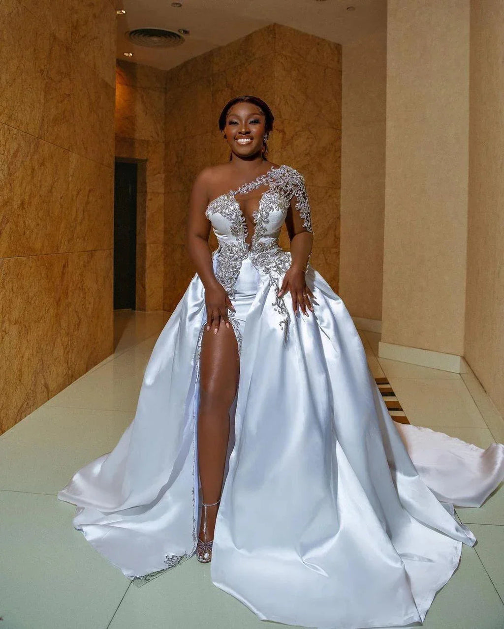 Gorgeous Long A-line One Shoulder Beading Wedding Dress With Slit
