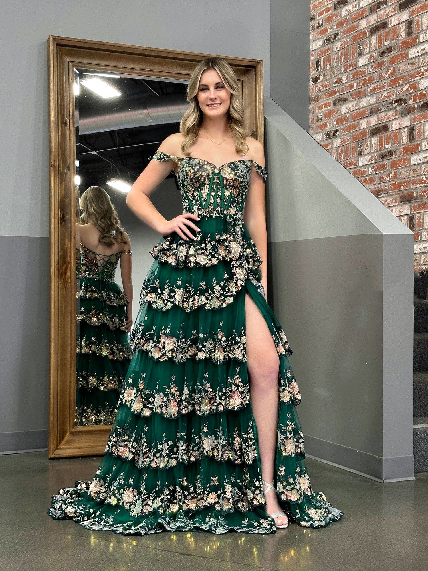 A Line Off the Shoulder Corset Prom Dress with Lace Ruffles