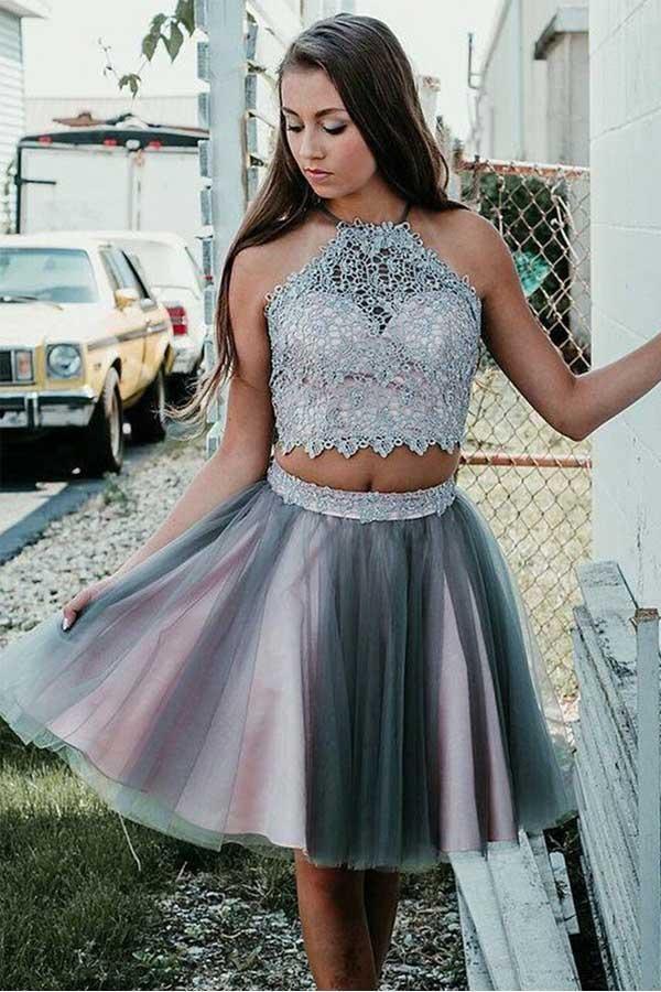 Short Two Piece Halter Homecoming Party Dress with Lace