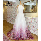 Halter Neck Chiffon A Line Garden Floral Print Wedding Dress Open Back Pleats Wedding Gowns for Bridal sukienka na wesele