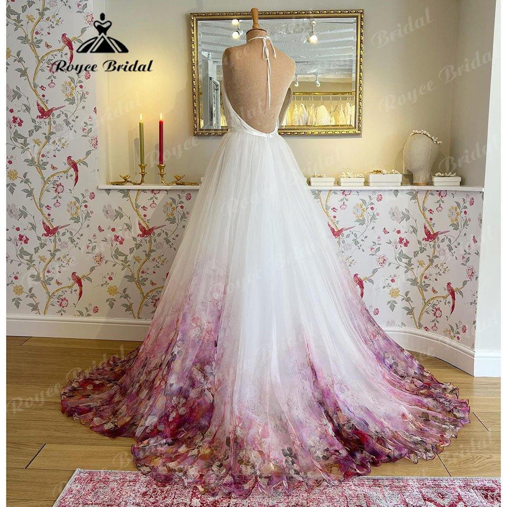 Halter Neck Chiffon A Line Garden Floral Print Wedding Dress Open Back Pleats Wedding Gowns for Bridal sukienka na wesele