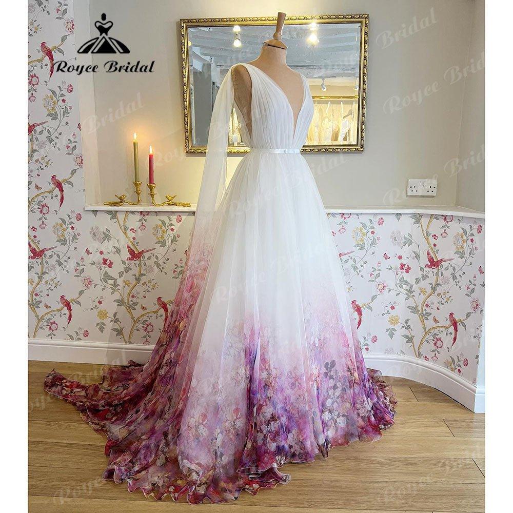 Halter Neck Chiffon A Line Garden Floral Print Wedding Dress Open Back Pleats Wedding Gowns for Bridal sukienka na wesele