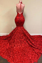 Halter Spaghetti Strapes Glitter Floral Lace Mermaid Prom Dress
