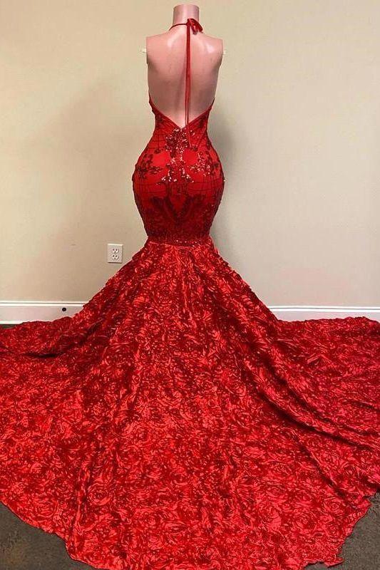 Halter Spaghetti Strapes Glitter Floral Lace Mermaid Prom Dress