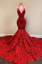 Halter Spaghetti Strapes Glitter Floral Lace Mermaid Prom Dress