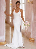 Numbersea Sheath Column Stretch Crepe Bowknot V-neck Sleeveless Sweep/Brush Train Wedding Dresses