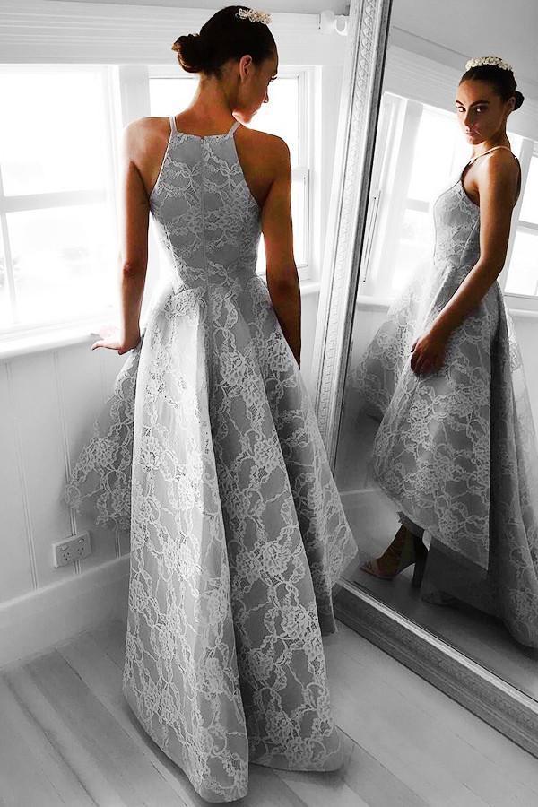 High-Low Sleeveless Grey Satin Prom Dress Evening Dress with Lace