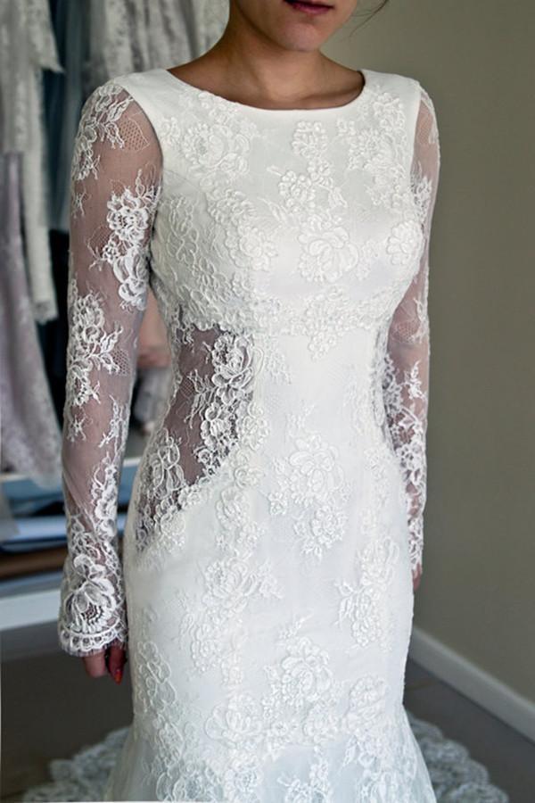 High Quality Scoop Open Back Mermaid Wedding Dress with Long Sleeves