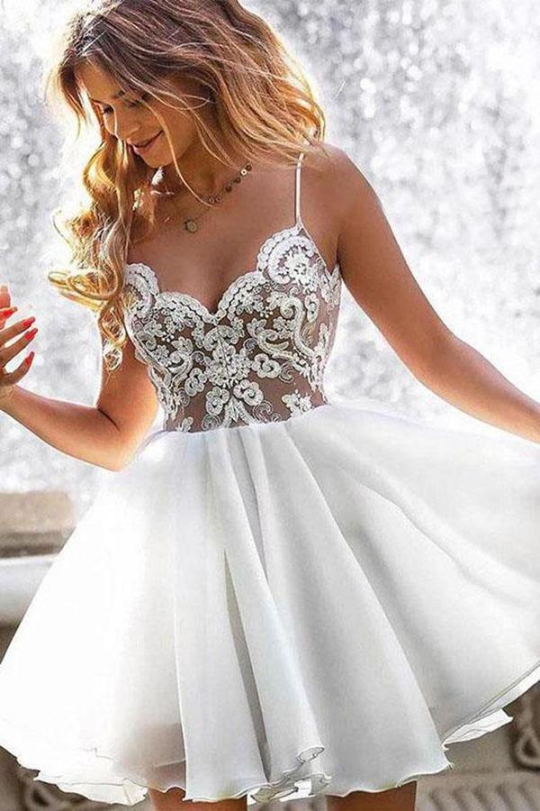 Homecoming Dress Lace Bodice Spaghetti Straps V Neck Mini Party Dresses