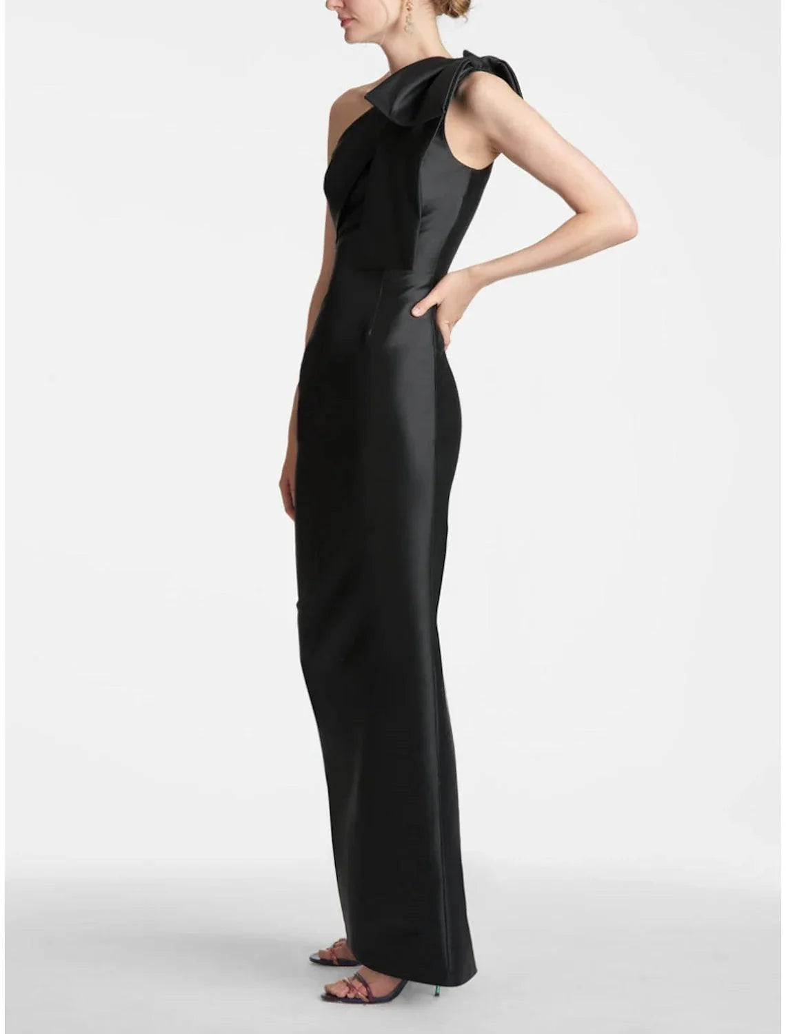 Satin Mermaid Party Dress Evening Gown Champagne Black Elegant Dress Formal Fall Ankle Length Sleeveless One Shoulder with Bow(s) Slit