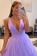 A-line Orange V-Neck Tulle Long Prom Dress