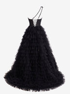A Line One Shoulder Tiered Long Prom Dress