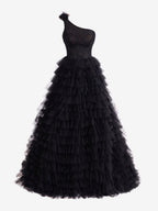 A Line One Shoulder Tiered Long Prom Dress