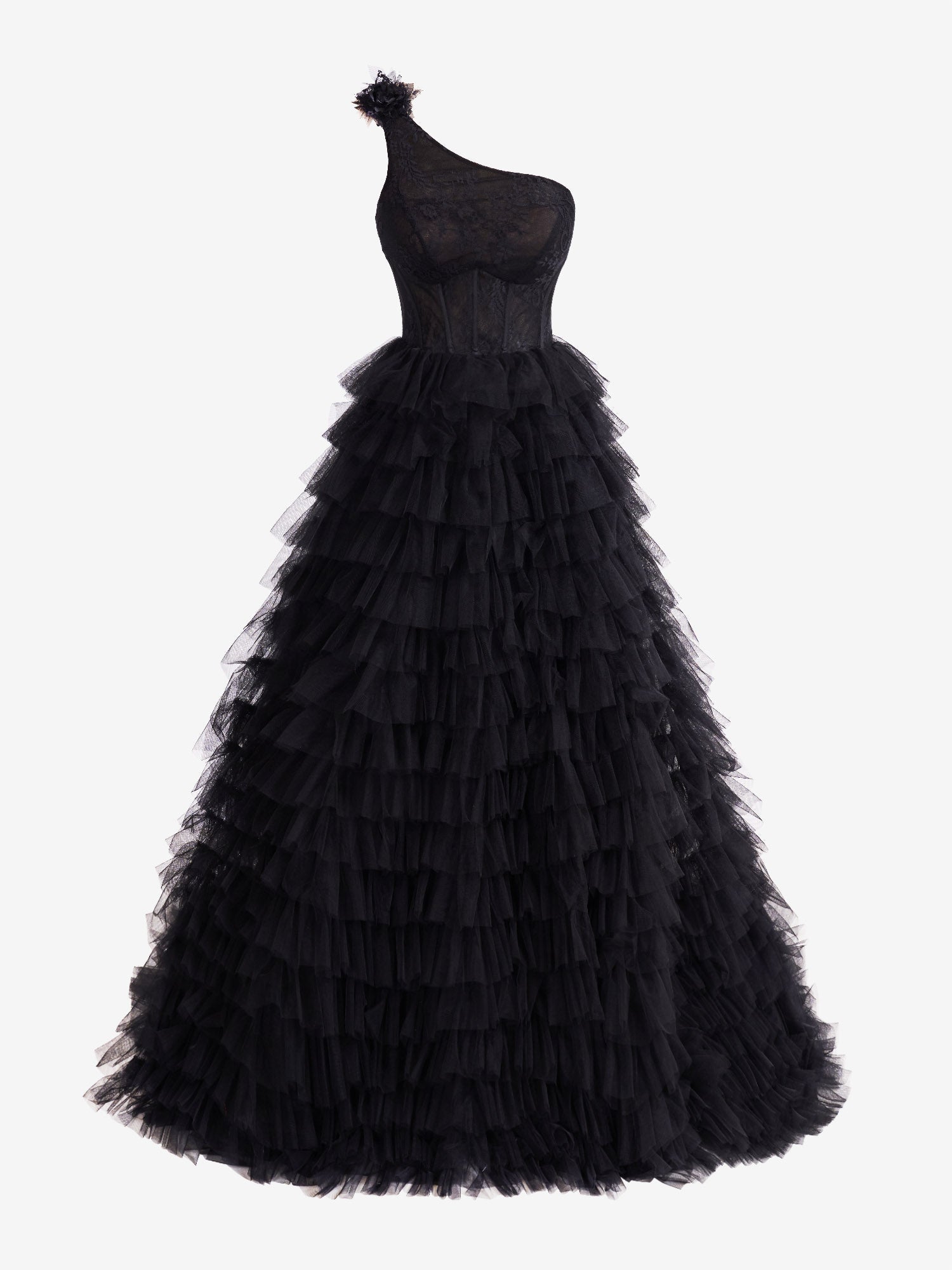 A Line One Shoulder Tiered Long Prom Dress