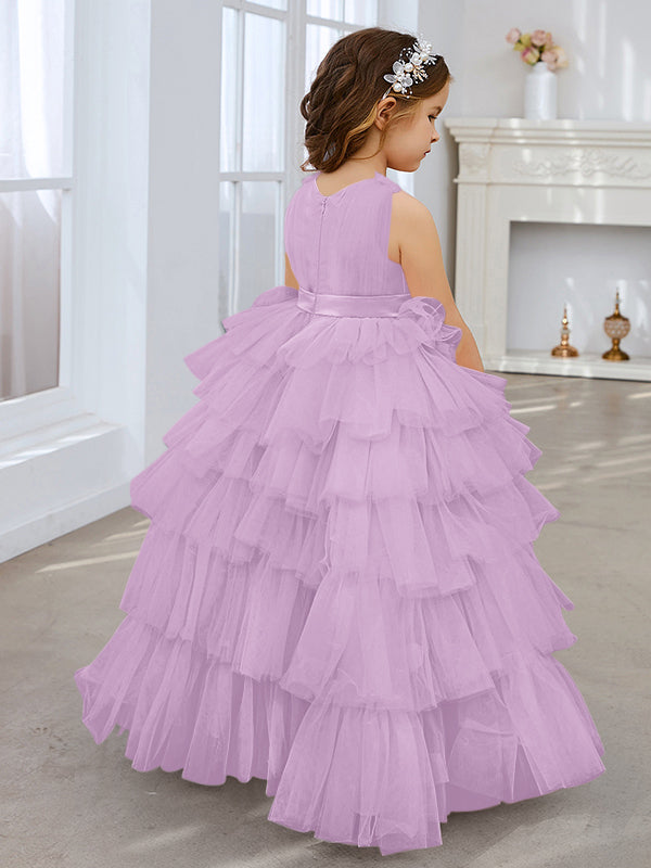 Ball-Gown/Princess Pearl Pink Sleeveless Tulle Bow Flower Girl Dress (010220814)