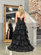 Sheath One Shoulder Tiered Lace Long Prom Dress