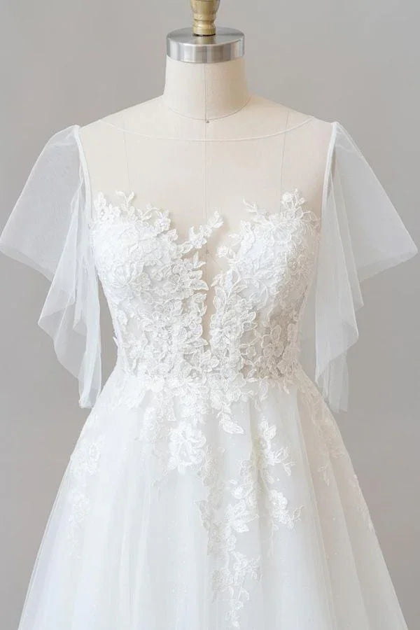 Long A-line Appliques Lace Tulle Wedding Dress with Sleeves