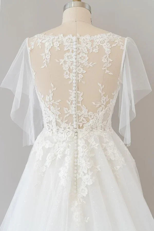 Long A-line Appliques Lace Tulle Wedding Dress with Sleeves