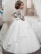 Long Sleeve Princess Tulle Jewel Neck Christmas Birthday First Communion Flower Girl Dresses