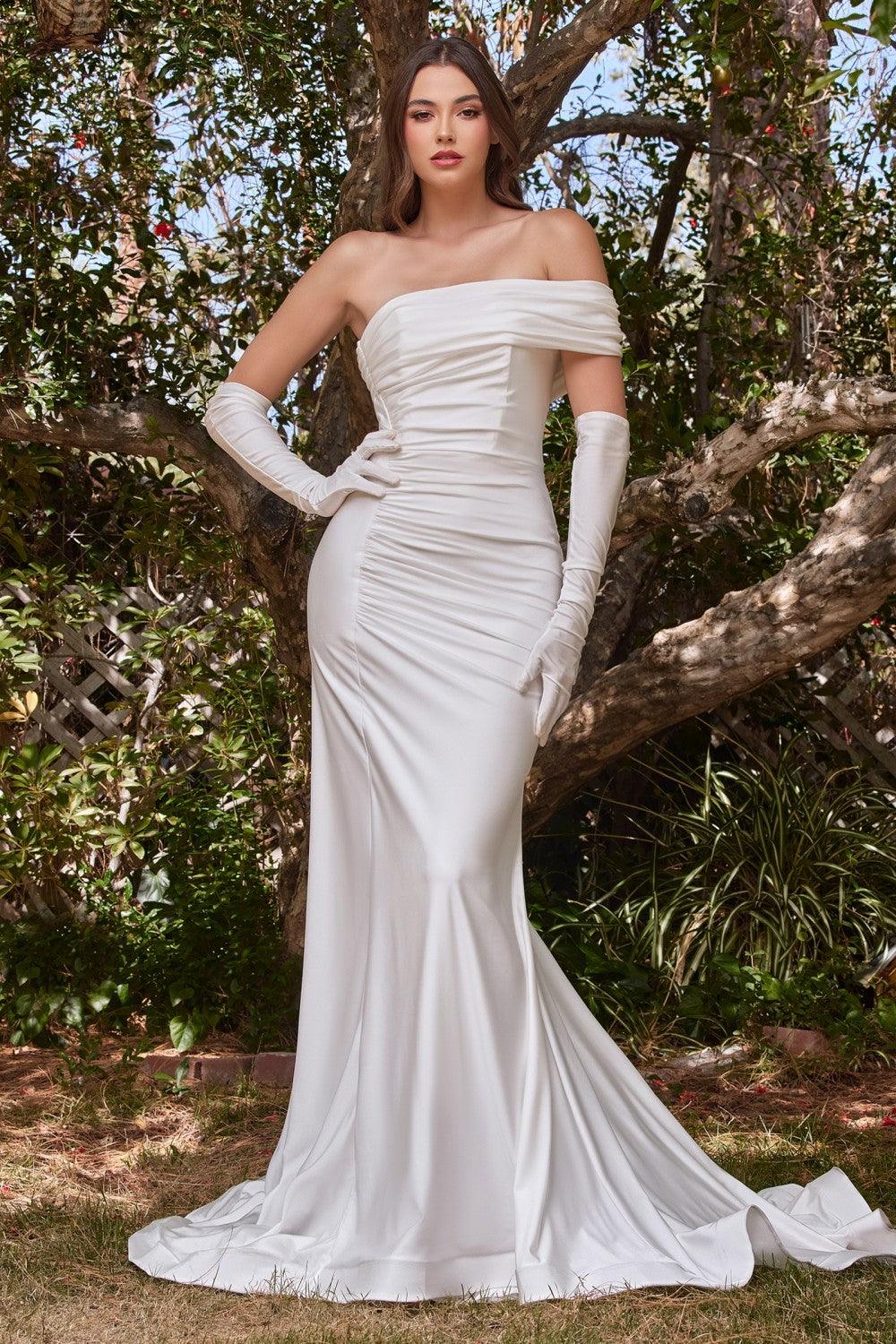 Off-the-shoulder fishtail satin fashion wedding dress with gloves