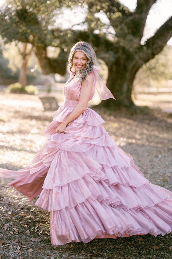RGlitter Tie Straps Pink Plunging Neck Tiered Long Prom Dress